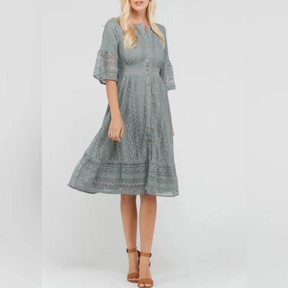 Lace Button-Front Midi Dress in Blue Grey | Polagram Dress size Medium - Picture 1 of 7
